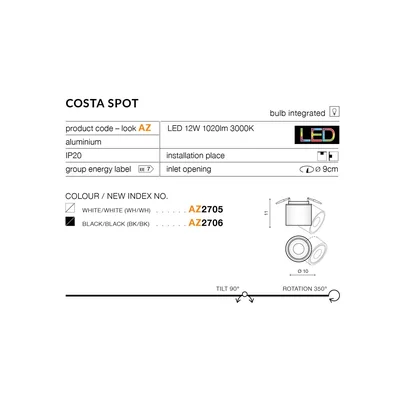 COSTA SPOT Lampa sufitowa wpuszczana czarna