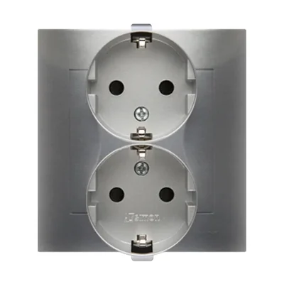 Gniazdo Schuko z przesłonami podwójne 16A, 250V, zaciski śrubowe, srebrny (metalik)
