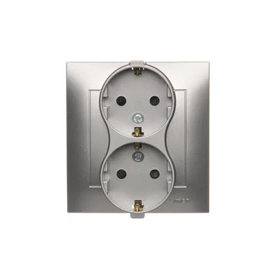 Gniazdo Schuko z przesłonami podwójne 16A, 250V, zaciski śrubowe, srebrny (metalik)