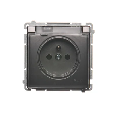 Gniazdo wtyczkowe z uziemieniem, bryzgoszczelne IP44 (moduł), 16A, 250V, zaciski śrubowe. Klapka transparentna , inox (metalik)