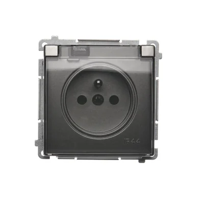 Gniazdo wtyczkowe z uziemieniem, bryzgoszczelne IP44 (moduł), 16A, 250V, zaciski śrubowe. Klapka transparentna , satyna (metalik)