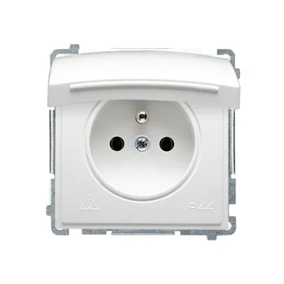 Gniazdo wtyczkowe z uziemieniem (moduł), z przesłonami torów prądowych, bryzgoszczelne IP44, 16A, 250V, zaciski śrubowe, białe