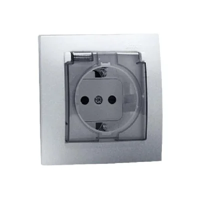 Gniazdo wtyczkowe z uziemieniem Schuko wersja IP44 klapka transparentna 16A 250V aluminium (metalik)