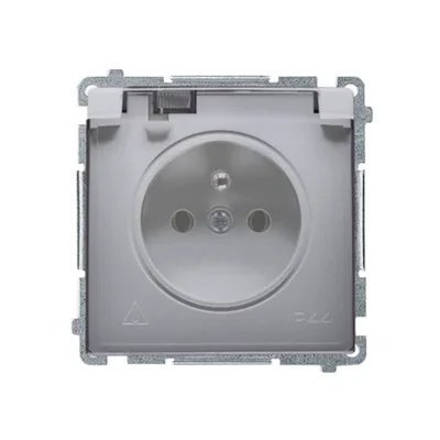 Gniazdo wtyczkowe z uziemieniem, z przesł. torów prądowych, bryzgoszczelne IP44 (moduł), 16A, 250V, zaciski śrubowe, klapka transp., inox (metalik)