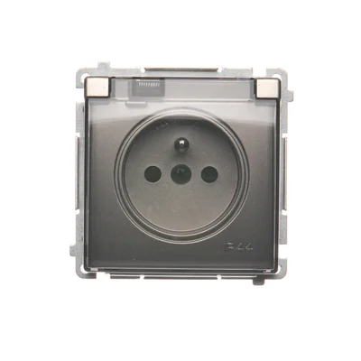 Gniazdo wtyczkowe z uziemieniem, z przesł. torów prądowych, bryzgoszczelne IP44 (moduł), 16A, 250V, zaciski śrubowe, klapka transp., satyna (metalik)