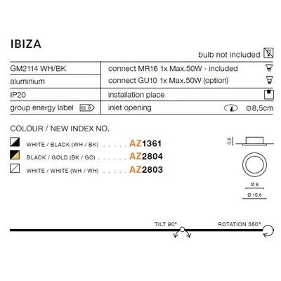 IBIZA Lampa sufitowa wpuszczana biało-czarna