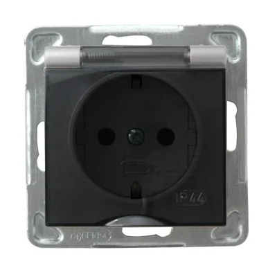 IMPRESJA Gniazdo bryzgoszczelne z uziemieniem srebro,bez ramki, wieczko przeźroczyste.