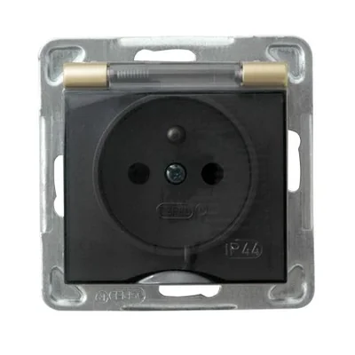 IMPRESJA Gniazdo bryzgoszczelne z uziemieniem złoty metalik, bez ramki, wieczko przeźroczyste