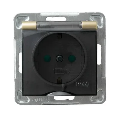 IMPRESJA Gniazdo bryzgoszczelne z uziemieniem złoty metalik,bez ramki, wieczko przeźroczyste, wyposażone w przesłony torów prądowych