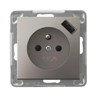 IMPRESJA Gniazdo pojedyncze z uziemieniem z przesłonami torów prądowych z ładowarką USB tytan