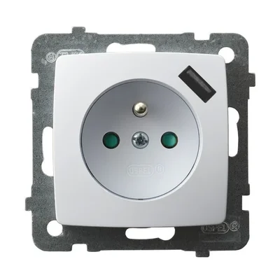 KARO Gniazdo pojedyncze z uziemieniem z przesłonami torów prądowych, z ładowarką USB biały