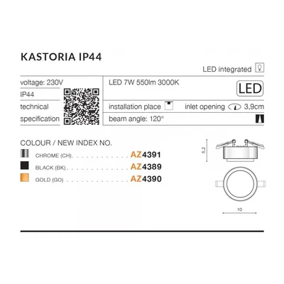 KASTORIA Oprawa wpuszczana 7W 550LM 3000K IP44 chrom