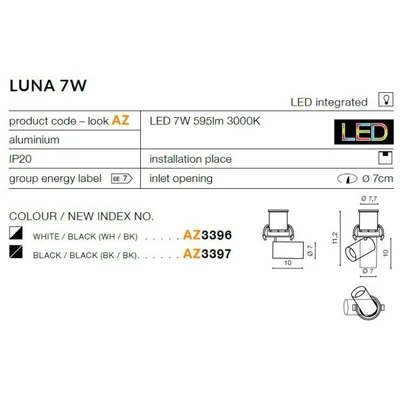LUNA 7W Lampa sufitowa wpuszczana czarna