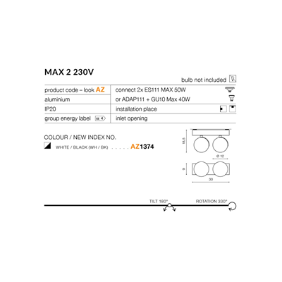 MAX 2 230V Lampa sufitowo-ścienna biało-czarna