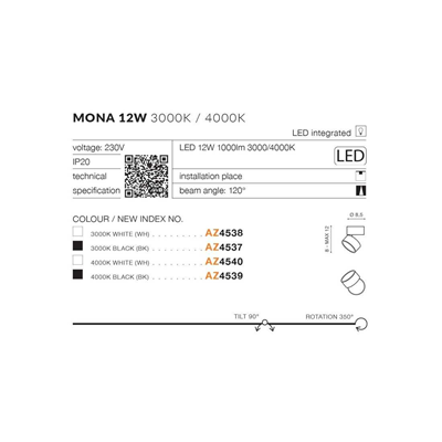 Mona Lampa sufitowa spot 8,2cm 12W 3000K1000lm LED zintegrowany IP20 czarna