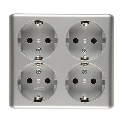 SIMON 54 Gniazdo wtyczkowe poczwórne z uziemieniem typu Schuko, z przesłonami torów prądowych - wersja skandynawska (kompletny produkt) 16A, 250V, szybkozłącza, aluminiowy, metalizowany