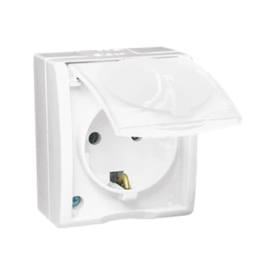 SIMON AQUARIUS Gniazdo wtyczkowe z uziemieniem schuko bryzgoszczelne IP54 klapka biała z przesłonami torów prądowych 16A 230V białe