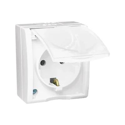 SIMON AQUARIUS Gniazdo wtyczkowe z uziemieniem schuko bryzgoszczelne IP54 klapka biała z przesłonami torów prądowych 16A 230V białe