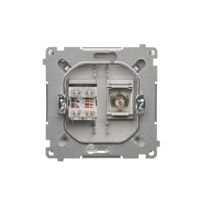 SIMON BASIC Gniazdo antenowe typu „F” + komputerowe RJ45 kategoria 6 srebrny mat metalizowany