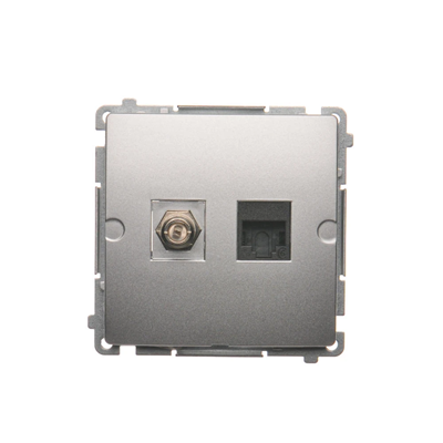 SIMON BASIC Gniazdo antenowe typu „F” + komputerowe RJ45 kategoria 6 srebrny mat metalizowany