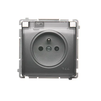 SIMON BASIC Gniazdo wtyczkowe z uziemieniem, z przesłoną torów prądowych, bryzgoszczelne IP44 (moduł), 16A, 250V~, srebrny mat