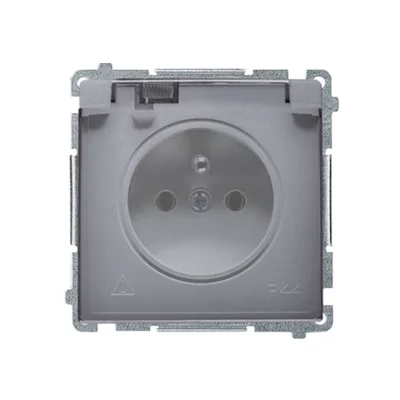 SIMON BASIC Gniazdo wtyczkowe z uziemieniem, z przesłoną torów prądowych, bryzgoszczelne IP44 (moduł), 16A, 250V~, srebrny mat