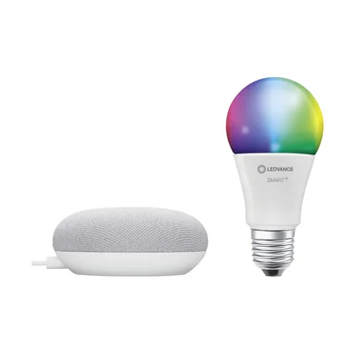 SMART+ BLUETOOTH MULTICOLOR Głośnik Google Home Mini Chalk + żarówka LED RGBW 10W A60 E27 800lm 2000-6500K 230V