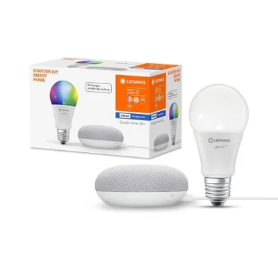 SMART+ BLUETOOTH MULTICOLOR Głośnik Google Home Mini Chalk + żarówka LED RGBW 10W A60 E27 800lm 2000-6500K 230V