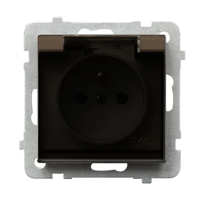 SONATA Gniazdo bryzgoszczelne z uziemieniem czekoladowy metal, bez ramki, wieczko przeźroczyste