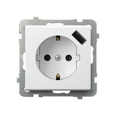 SONATA Gniazdo pojedyncze z uziemieniem schuko z przesłonami torów prądowych, z ładowarką USB biały