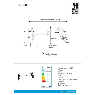 TORINO Lampa ścienna czarna